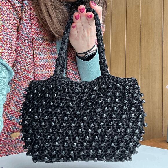 1950s Vintage Italian Black Beaded Crochet Handbag Ritten Exclusive - Picture 1 of 9